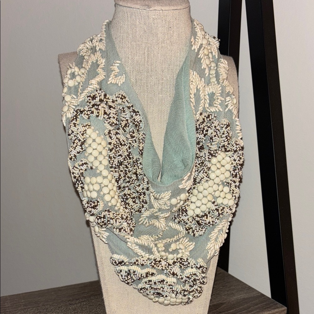 Elegant Beaded Scarf - Cream and Blue